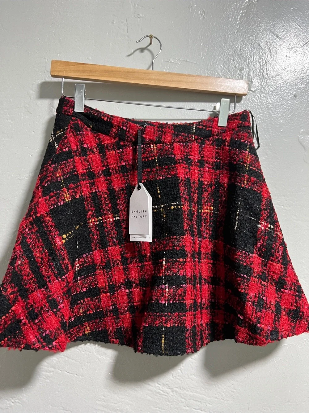Anthropologie English Factory Red Black Plaid Tweed Mini Skater Skirt Preppy